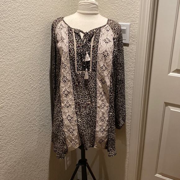 Democracy Women’s Animal Print & Lace Tunic Top EUC Sz 1X Flow Hippie Polyester - Picture 1 of 12